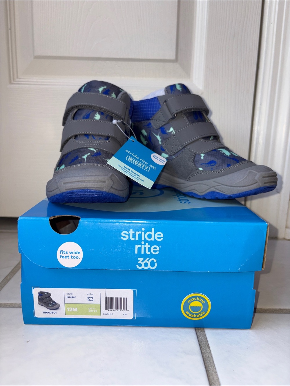 Stride Rite Gray and Blue Dino-Print Hook & Loop Boots